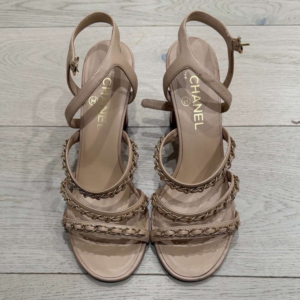 AUTHENTIC CHANEL Beige Leather Chain-Strap Heeled Sandals